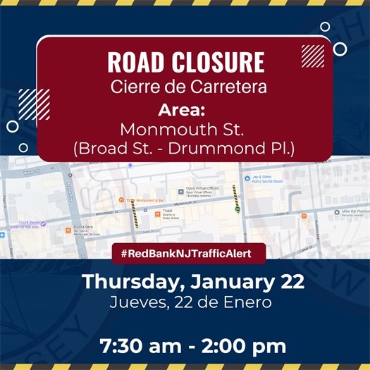 ⚠️ Traffic Advisory | Aviso de Tráfico ⚠️  🛑 Road Closure / Cierre de calle Monmouth St. will be closed in both directions between Broad St. and Drummond Pl. on Thursday, 1/22/26, from approximately 7:30 a.m. to 2:00 p.m. due to utility work. Motorists should plan alternate routes.  🛑 Cierre de calle La carretera Monmouth St. estará cerrada en ambas direcciones entre Broad St. y Drummond Pl. el jueves 22 de enero de 2026, aproximadamente de 7:30 a. m. a 2:00 p. m., debido a trabajos de servicios públicos. Se recomienda a los conductores planificar rutas alternas.
