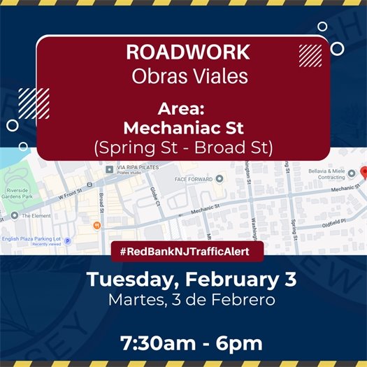 🚧 ROADWORK NOTICE – TUESDAY, 2/3 🚧 There will be roadwork on Mechanic Street between Spring Street and Broad Street from approximately 7:30 a.m. to 6:00 p.m. Traffic impacts are expected in this area. Please plan accordingly and drive with caution. 🚧 AVISO DE OBRAS VIALES – MARTES, 2/3 🚧 Habra obras viales en Mechanic Street, entre Spring Street y Broad Street, aproximadamente de 7:30 a.m. a 6:00 p.m. Se esperan impactos al trafico en esta area. Por favor planifique con anticipacion y maneje con precaucion.