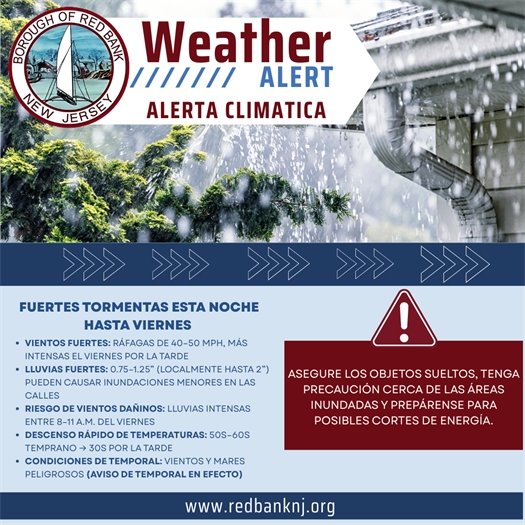 Fuertes tormentas esta noche Hasta viernes 12/18-12/19 - Vientos fuertes: Ráfagas de 40–50 MPH, más intensas el viernes por la tarde Lluvias fuertes: 0.75–1.25” (localmente hasta 2”) pueden causar inundaciones menores en las calles Riesgo de vientos dañinos: lluvias intensas entre 8–11 a.m. del viernes Descenso rápido de temperaturas: 50s–60s temprano → 30s por la tarde Condiciones de temporal: Vientos y mares peligrosos (Aviso de temporal en efecto) Asegure los objetos sueltos, tenga precaución cerca de las áreas inundadas y Prepárense para posibles cortes de energía.