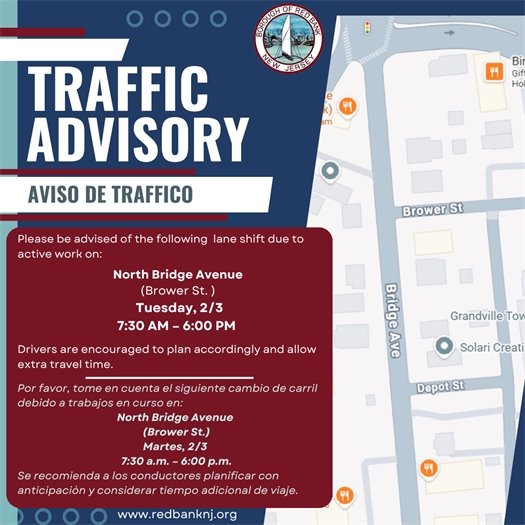 Tuesday, 2/3: The work will continue on North Bridge Avenue near Brower Street. This may result in a lane shift and could require a temporary southbound detour.