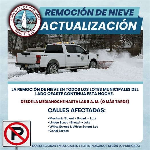 𝗔𝗖𝗧𝗨𝗔𝗟𝗜𝗭𝗔𝗖𝗜𝗢́𝗡 𝗗𝗘 𝗥𝗘𝗠𝗢𝗖𝗜𝗢́𝗡 𝗗𝗘 𝗡𝗜𝗘𝗩𝗘 🚨 La remoción de nieve en los estacionamientos 𝗺𝘂𝗻𝗶𝗰𝗶𝗽𝗮𝗹𝗲𝘀 𝗱𝗲𝗹 𝗹𝗮𝗱𝗼 𝗲𝘀𝘁𝗲 continuará 𝗲𝘀𝘁𝗮 𝗻𝗼𝗰𝗵𝗲 𝗱𝗲𝘀𝗱𝗲 𝗹𝗮 𝗺𝗲𝗱𝗶𝗮𝗻𝗼𝗰𝗵𝗲 𝗵𝗮𝘀𝘁𝗮 𝗹𝗮𝘀 𝟴 𝗮.𝗺. (𝗼 𝗺𝗮́𝘀 𝘁𝗮𝗿𝗱𝗲).   🚫 𝗡𝗼 𝗲𝘀𝘁𝗮𝗰𝗶𝗼𝗻𝗮𝗿 en las calles indicados mientras trabajan los equipos. Por favor planifique con anticipación y maneje con precaución. Gracias por su cooperación.