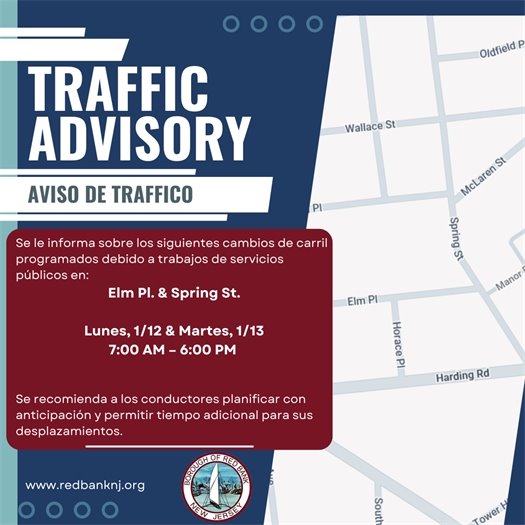 🚗 Cambio de carril: Elm Place y Spring Street 📅 Lunes, 1/12 y Martes, 1/13 | ⏰ 7:00 a. m. – 6:00 p. m.